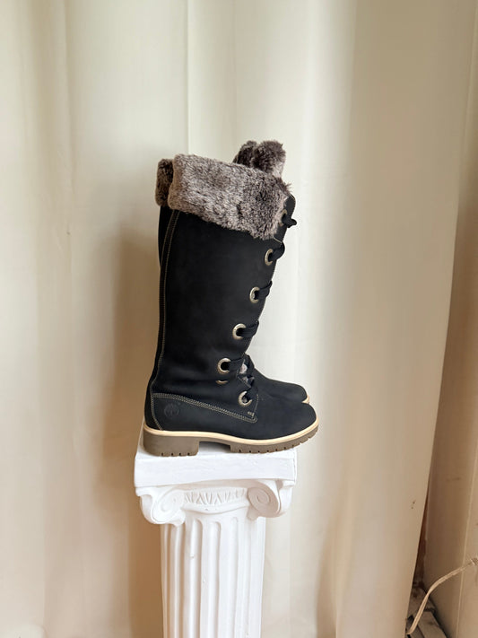 Jade Vintage  boots Black Timberland Winter Leather Boots With Grey Faux Fur Trim Black Timberland Winter Leather Boots With Grey Faux Fur Trim
