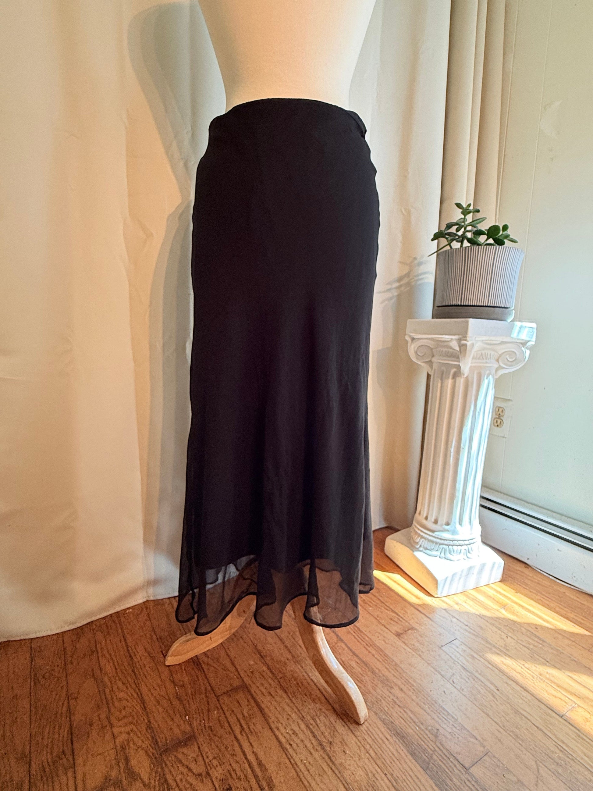 Jade Vintage  Skirt 90’s Y2K Black Silk Fairy Dress Floral Embroidery Maxi Skirt 90’s Y2K Black Silk Fairy Dress Floral Embroidery Maxi Skirt