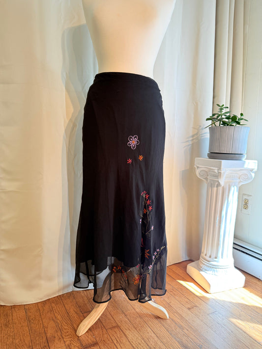 Jade Vintage  Skirt 90’s Y2K Black Silk Fairy Dress Floral Embroidery Maxi Skirt 90’s Y2K Black Silk Fairy Dress Floral Embroidery Maxi Skirt
