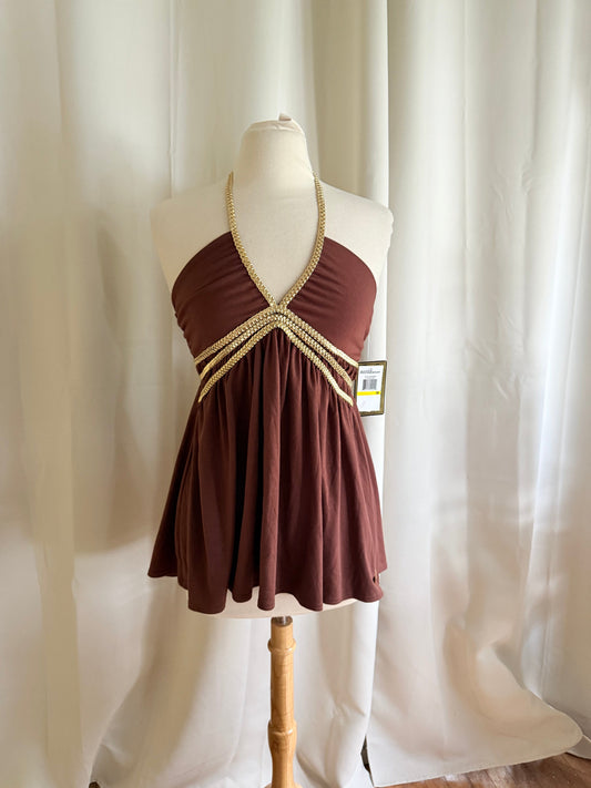 Jade Vintage  Y2k Deadstock Rocawear Brown Halter Top With Gold Braided Straps Y2k Deadstock Rocawear Brown Halter Top With Gold Braided Straps